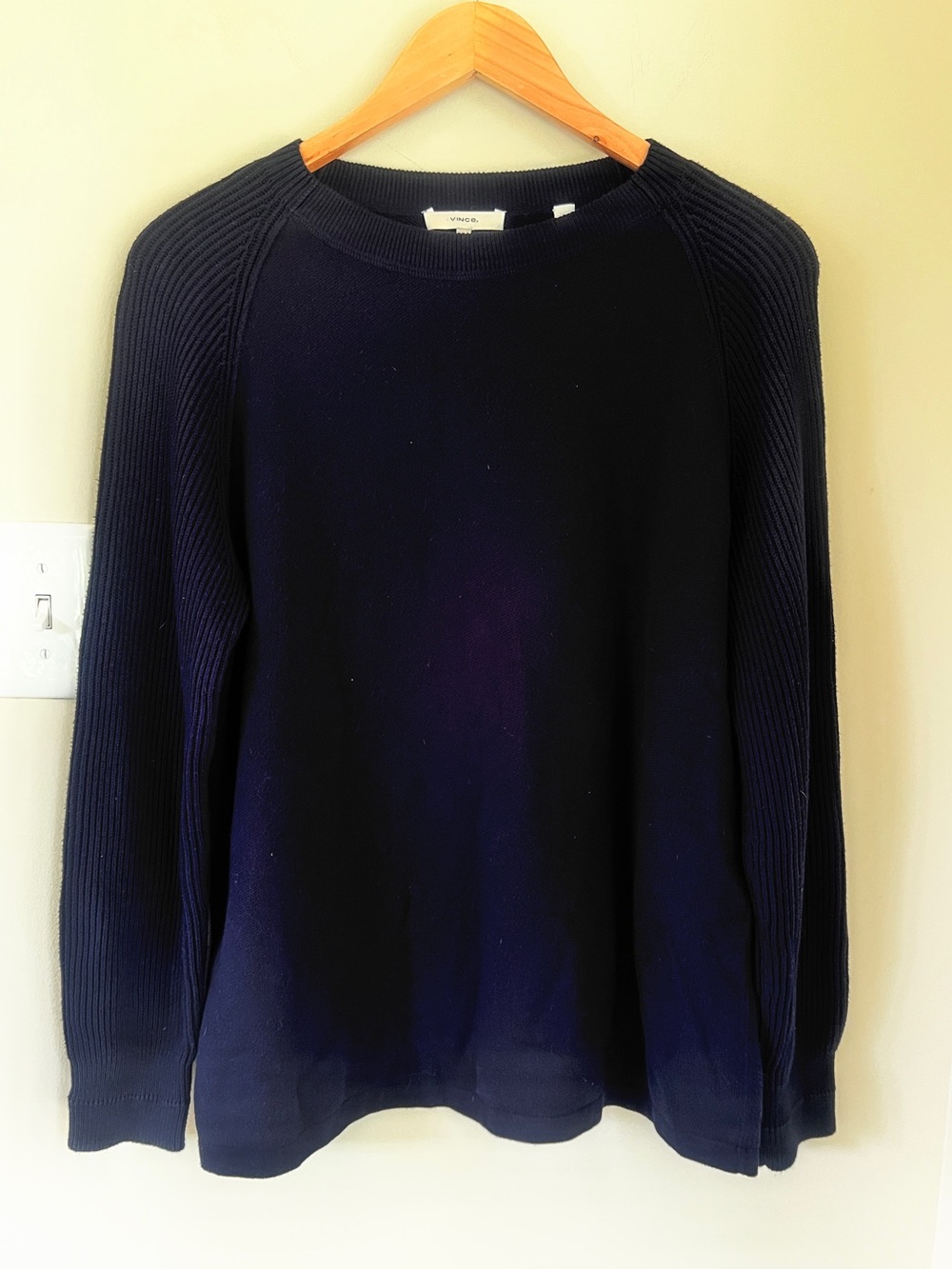 Vince Ribbed Raglan Sleeve Cotton Crewneck Sweater, Midnight, Size M